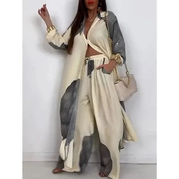 Luxury Blue Colorblock Satin Lounge Oversized Button-Down Shirt & Wide-Leg Pants - Picture 11 of 12